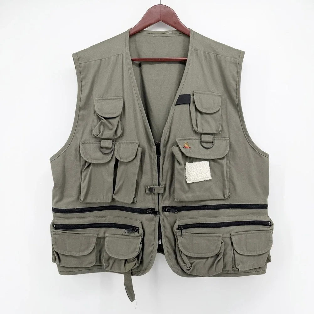 Vintage Fly Fishing Vest XL Olive Green Multi Pocket Utility Back D-Ring Cargo